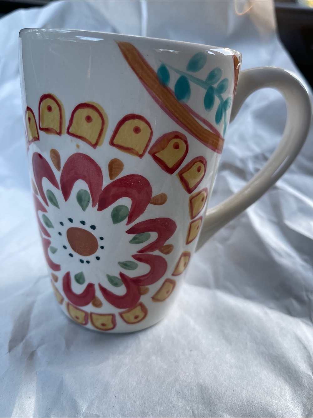 Hand-Painted Ceramic Mug with Floral Motif in Red, Yellow & Green